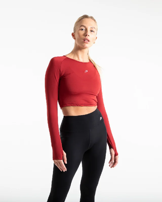 Sports Fitness Style Training Long Sleeve Crop Top - Red