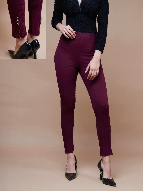 Cool Style Women Burgundy Bottom Zipper Jeggings