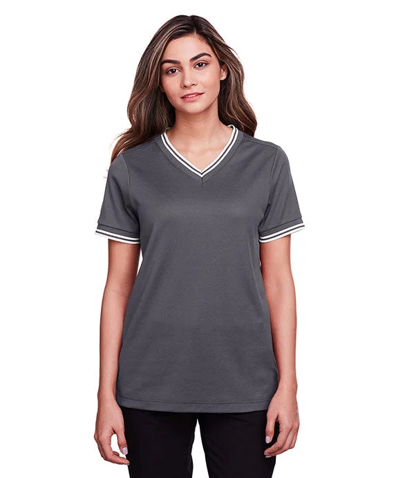 Modern Tailoring DG20CW - Devon & Jones CrownLux Performance® Ladies Plaited Tipped V-Neck Top | Graphite/White