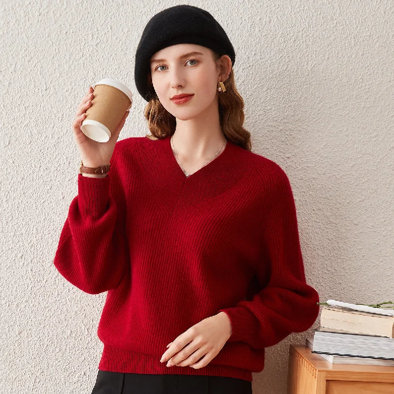 Elegant And Charming 100% Cashmere Lantern Sleeve V Neck Knit Sweater