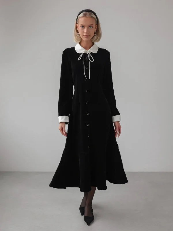 Exclusive Customization Black Velvet Midi Dress with White Collar
