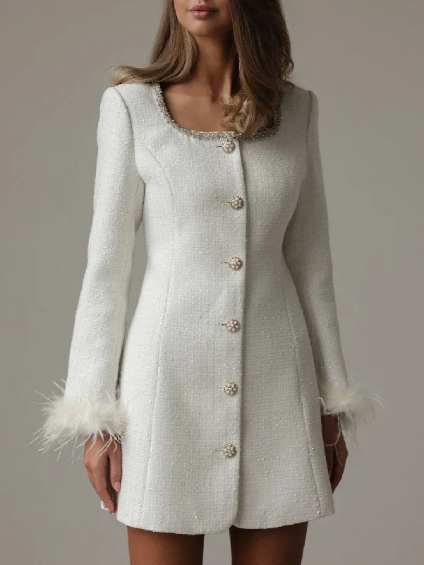 Leisure Travel Elegant White Tweed Dress with Feather Cuffs