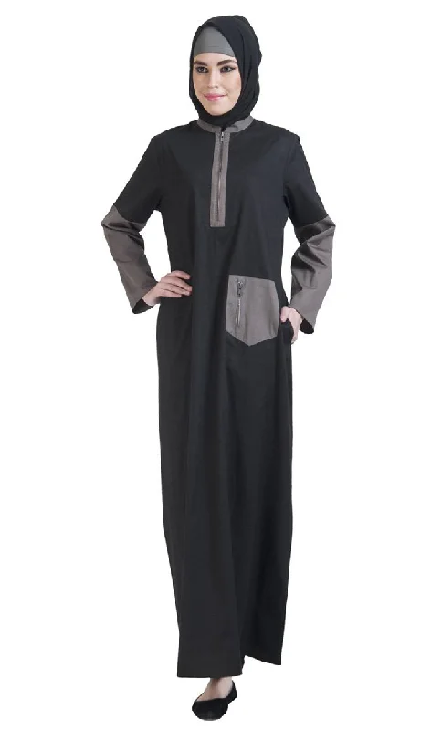 Soft Touch Color block metallic zipper detail abaya dress