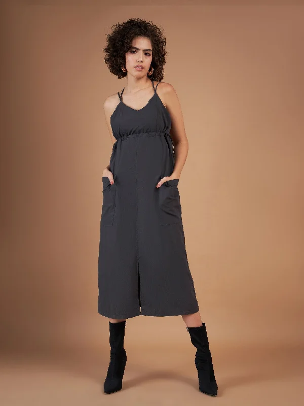 Cozy Layers Women Dark Grey Front Pockets Parachute Dungaree Dress