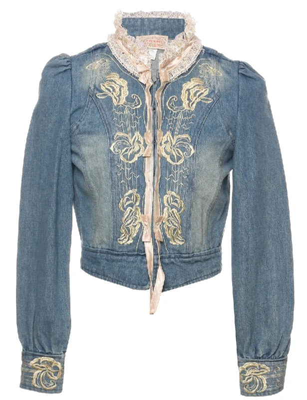 Retro Literary Style Embroidered Denim Jacket - S