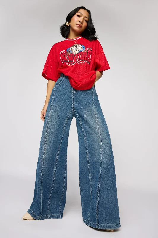 Relaxed Chic Classic Navy Denim Flared Korean Pants