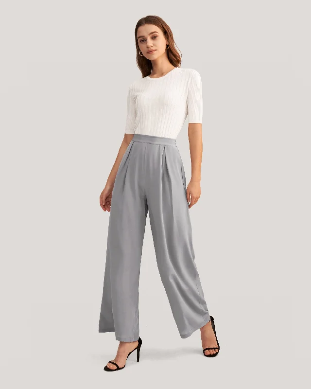 Sporty Elegance Smooth Silk Wide Leg Cropped Pants Classy