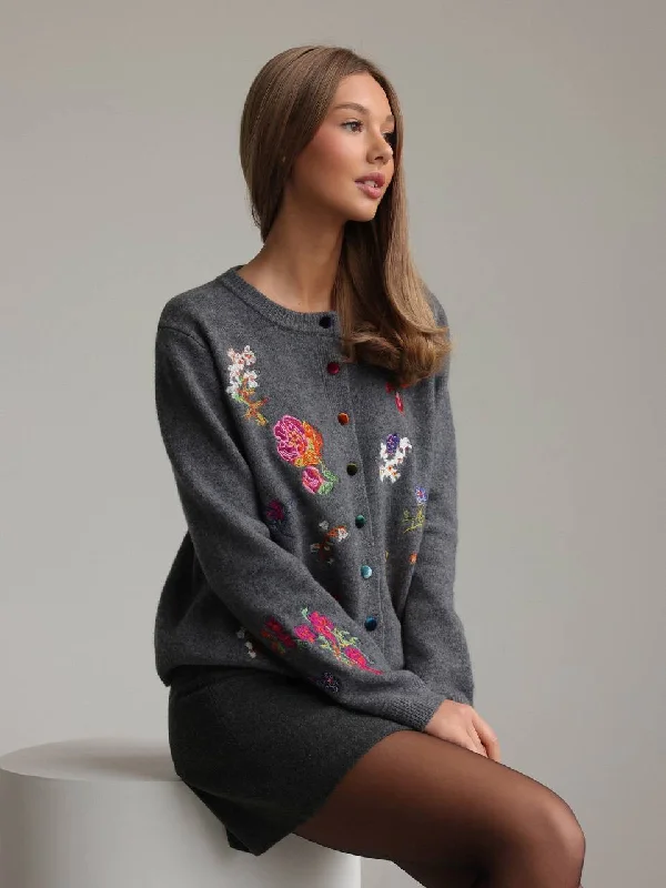 Carefree Style Floral Embroidered Grey Cardigan