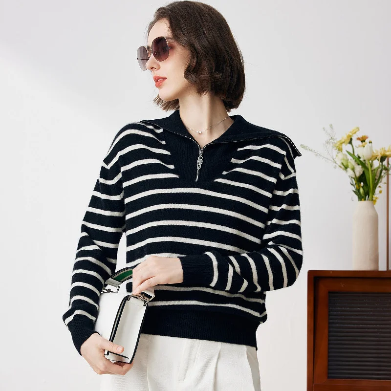 Feminine Charm 100% Cashmere Striped Zip Collar Knitted Sweater