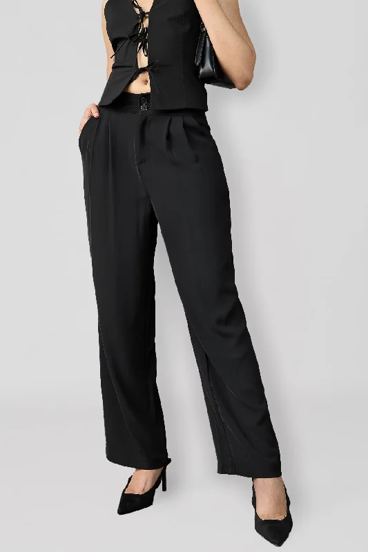 Easygoing Style Midnight Black Korean Pleated Pants