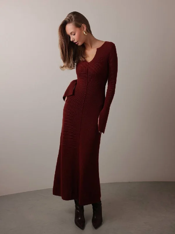 Elegant And Lazy Chic Wine Red Knit Midi Dress