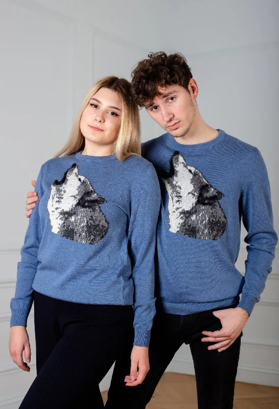 Casual Street Unisex Blue jeans sweater Wolf