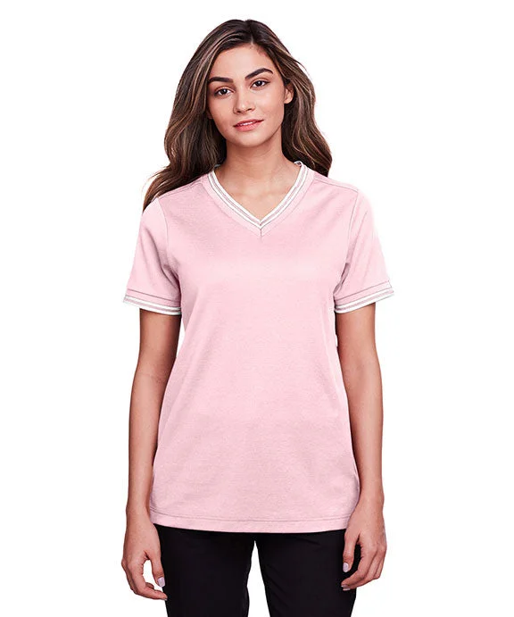 Personalized Design DG20CW - Devon & Jones CrownLux Performance® Ladies Plaited Tipped V-Neck Top | Pink/White