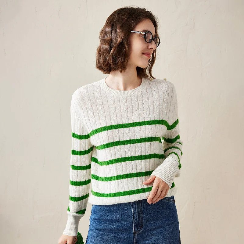 High-end Wear 100% Cashmere Cable Knit Striped Sweater with Button Details