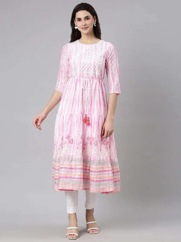 Relaxed Fit Neerus Pink Flounce Casual Floral Fit and Flare Dresses