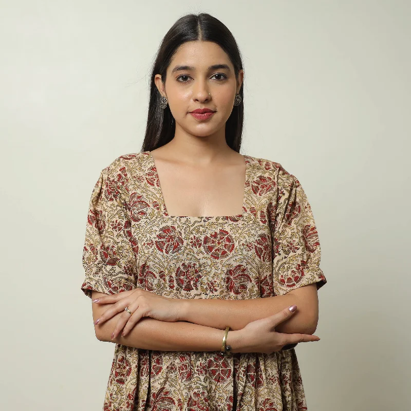 Black And White Style Beige - Pedana Kalamkari Block Printed Cotton Tiered Dress 03