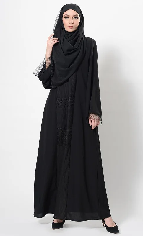 Thin Design Lace Work Flared Abaya Dress And Hijab Set