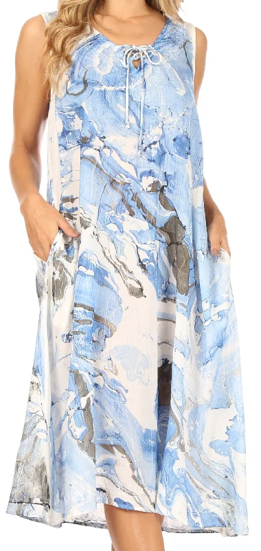 Modern Comfort Sakkas Ilaria Women's Midi Sleeveless Casual Loose Flare Print Dress Caftan Pocket