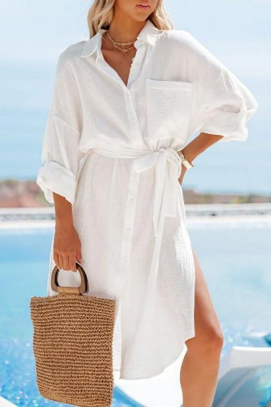 Comfortable And Simple WOMEN BELTED WAIST BUTTON UP SHIRTS DRESS