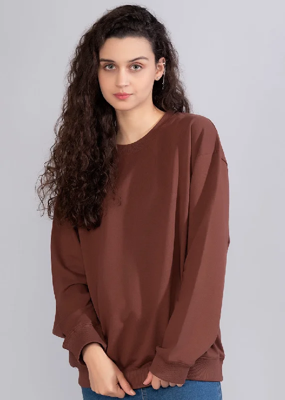 Effortless Style Solid Cocoa Women Drop Shoulder Loose Fit Sweatshirt | Pronk