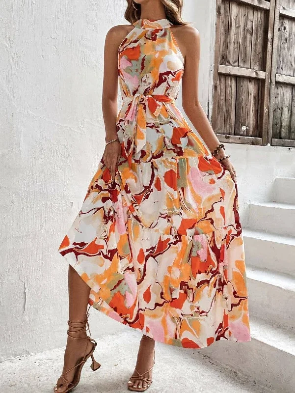 Elegant Style BOHO PRINT SLEEVELESS DRESS WITH LARGE RUFFLES_CWDMD1808