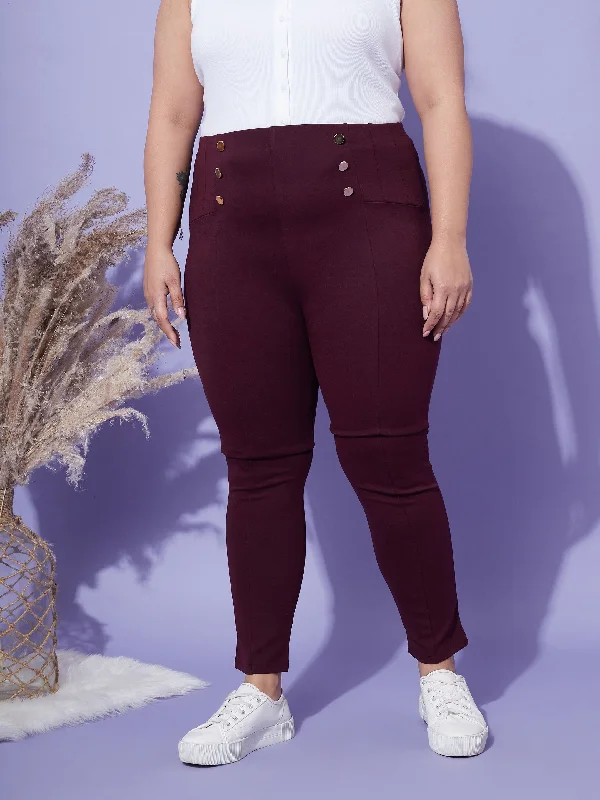 Sports Yoga Style Women Burgundy Show Button High Waist Jeggings