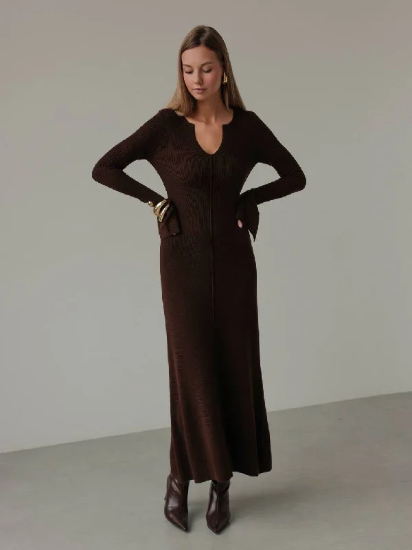 British casual Chic Wine Chocolate Brown Knit Midi Dress