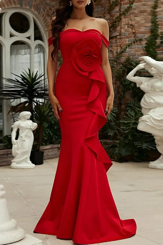 Retro Literary Style WOMEN OFF SHOULDER STRAPPY FLOWER PARTY DRESS