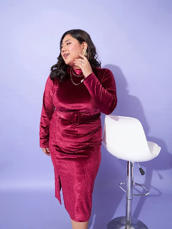 Classic Retro Women Maroon Velvet Front Slit Bodycon Dress