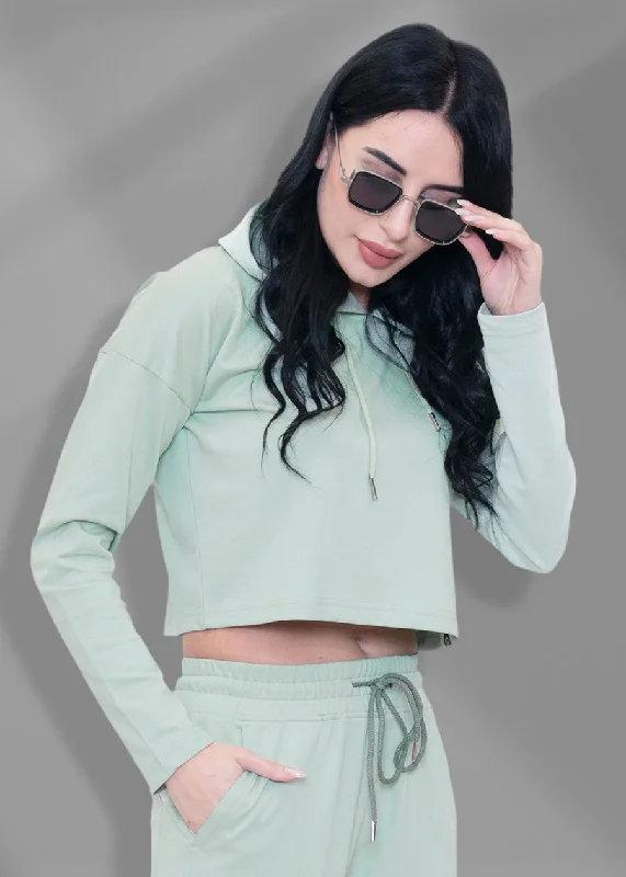 Sports Express Coral Green Solid Cropped Hoodie For Womens | Pronk