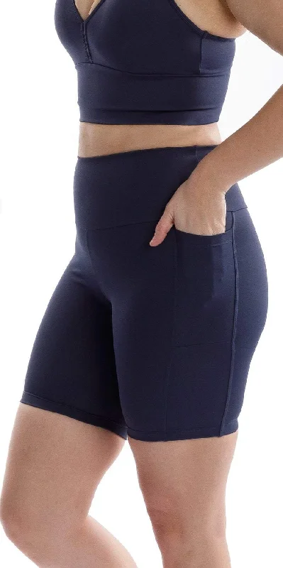 Moisture wicking Navy Body Luxe Midi Shorts with Pockets