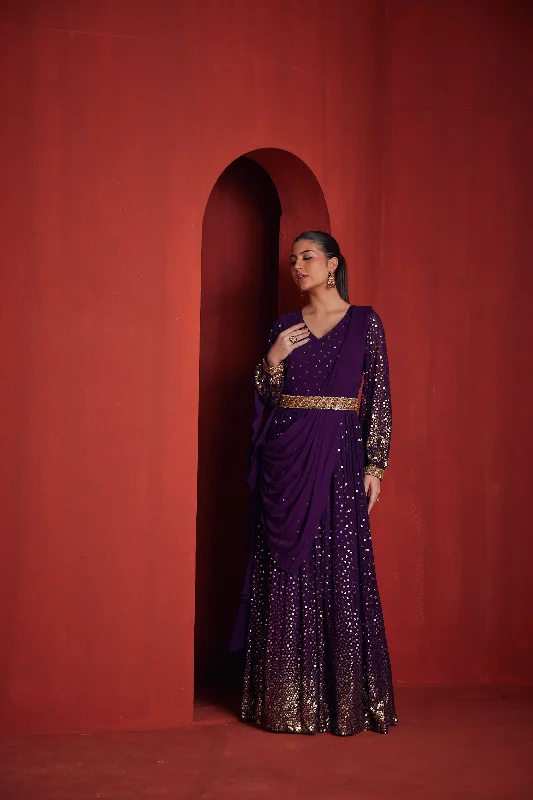 Retro Style Neeru's Womens Purple Color Georgette Fabric Dress