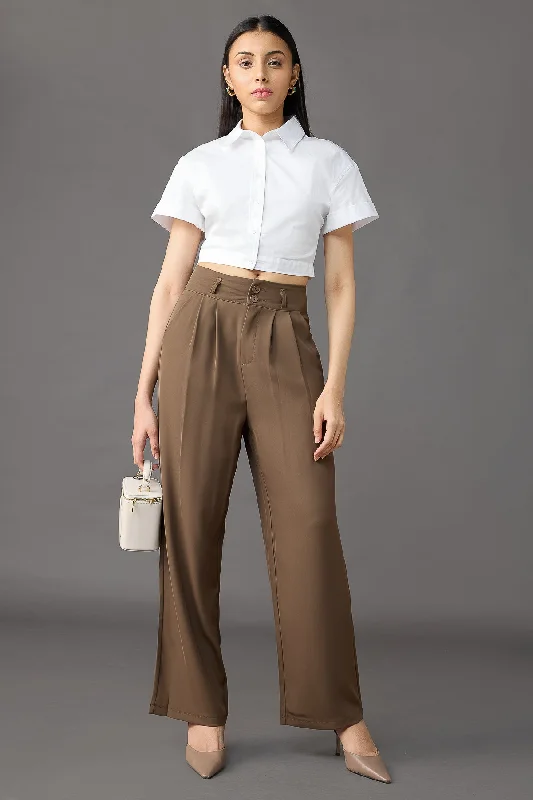 Romantic Temperament Classic Pleated Wide Leg Korean Pants - Olive Brown
