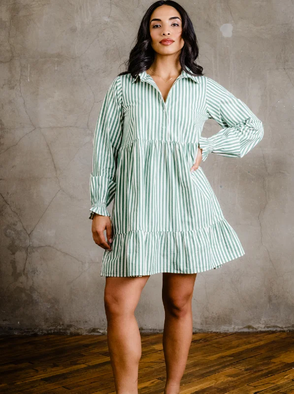 Luxe Comfort Aleesha Tiered Mini Shirtdress - Green Cabana Stripe