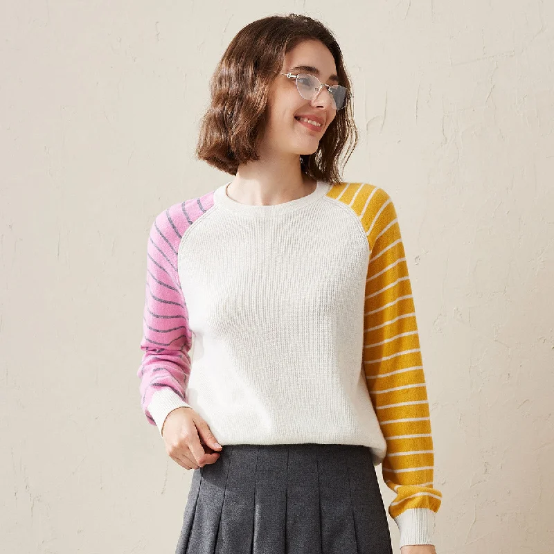 Personalized Wear 100% Cashmere Color Block Striped Sleeve Sweater