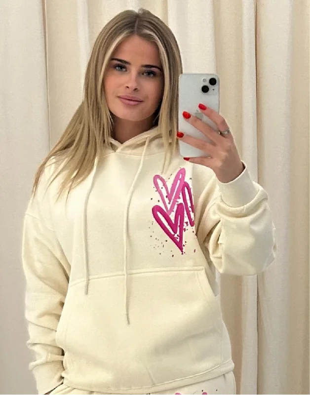 Ultra-lightweight Miss Runway Pink Heart Graffiti Hoodie Cream