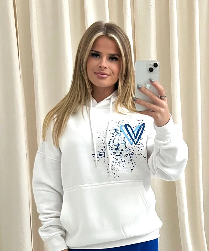 Retro Design Royal Blue Heart Graffiti Hoodie White
