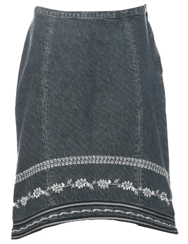 Renaissance Style Embroidered Denim Midi Skirt - M