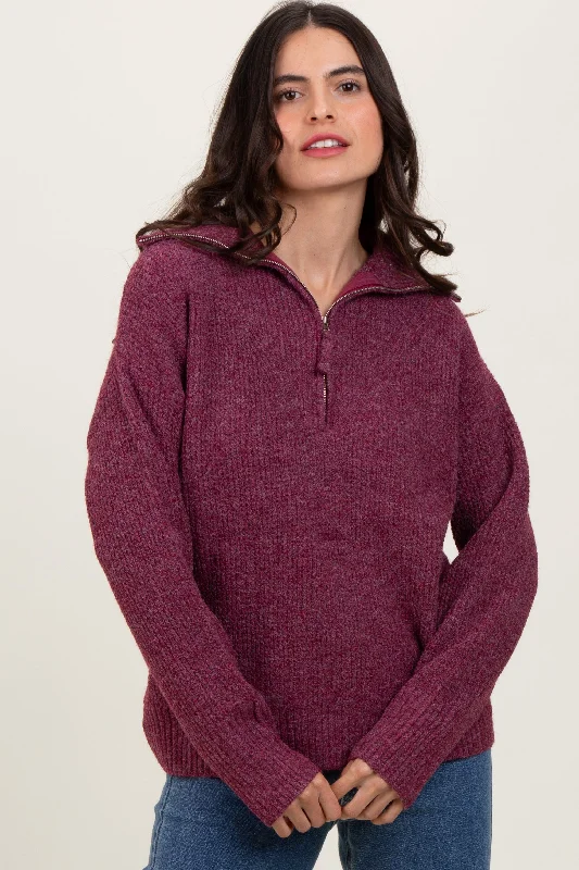 Single-shoulder Neck Design Burgundy Half Zip Pullover Sweater