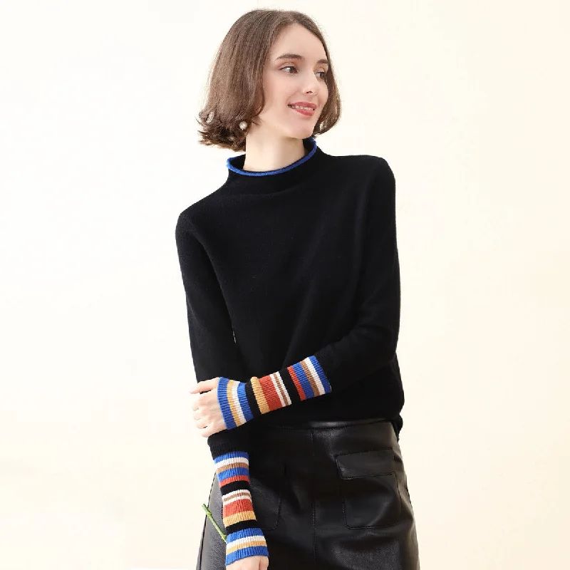 Lounge Wear 100% Cashmere Knit Sweater with Colorful Cuffs and Collar