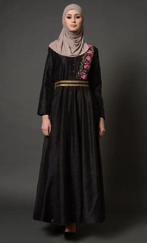 High Street Fashion Floral Embroidered And Gold Lace Waistband Abaya Dress