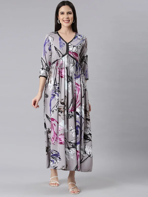 Sports Series Neerus Gray Asymmetric Casual Floral Maxi Dresses
