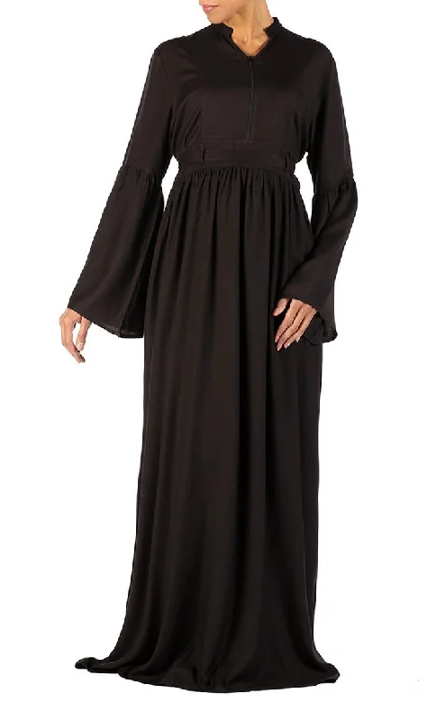 Soft Looks Bell sleeves and front zipper flared abaya dress