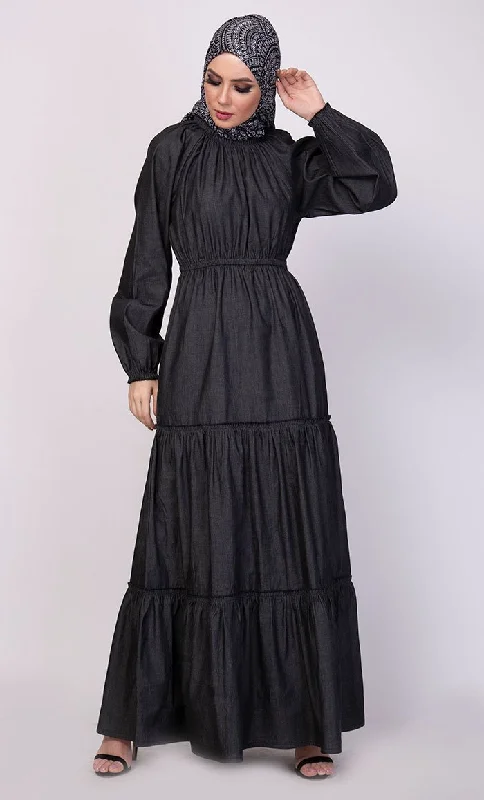 Slim Fit Multi Tiered Flared Abaya Dress