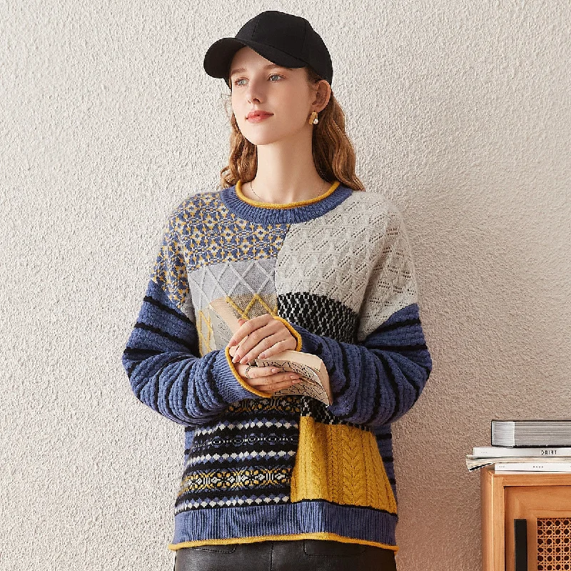 Trendy Casuals 100% Cashmere Patchwork Knit Sweater with Striped Sleeves