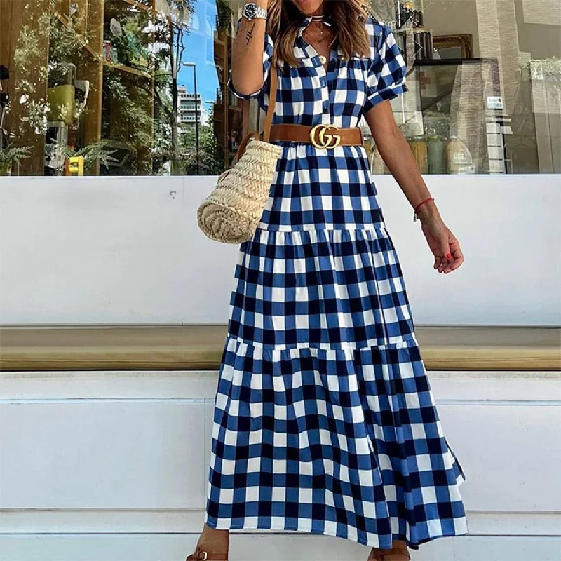 Round neck design BOHO PLAID DRESS_CWDMD1522
