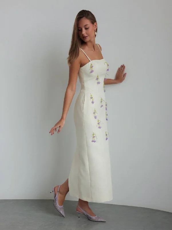 All-Day Wear Delicate Blooms Ivory Midi Dress