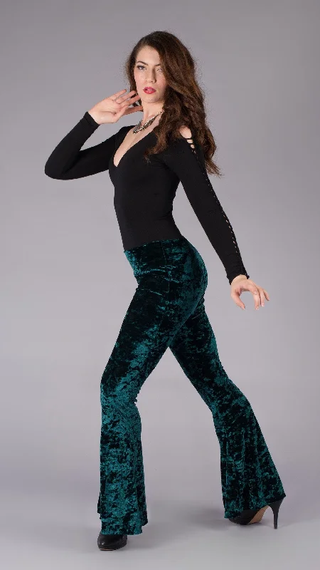 Comfortable And Casual Forest Green Velvet Slim Bells