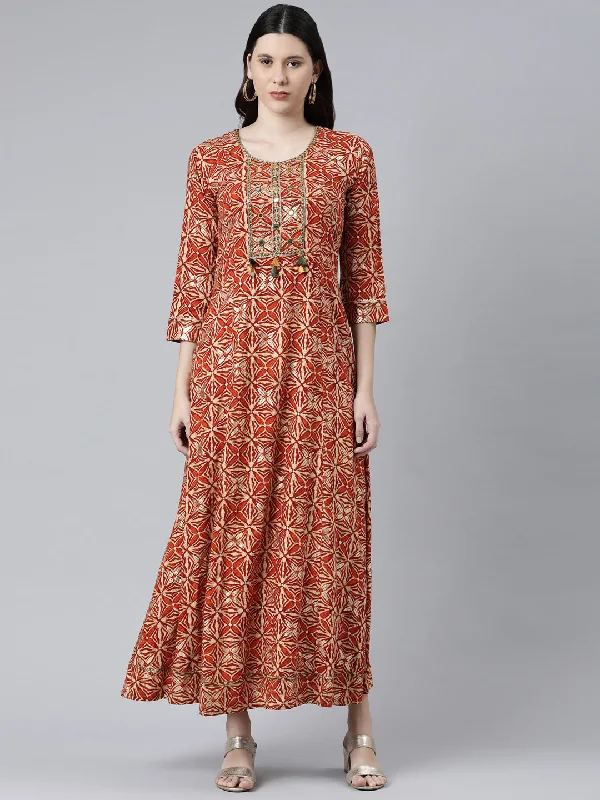 Knowledge And Elegance Neeru's Rust Color Rayon Fabric Dress