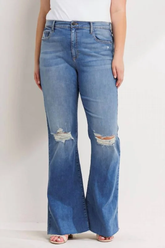 Easy Style High Rise Flare Jeans With Hem Distressing - Plus In Medium Wash